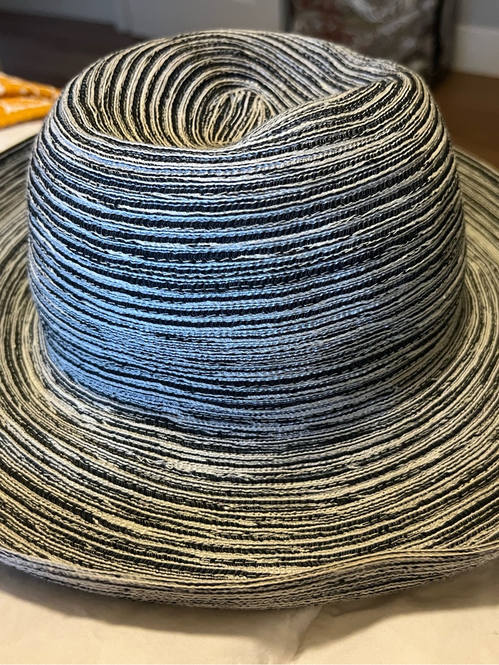 Striped Woven Sun Hat in Black and White & tan and beige